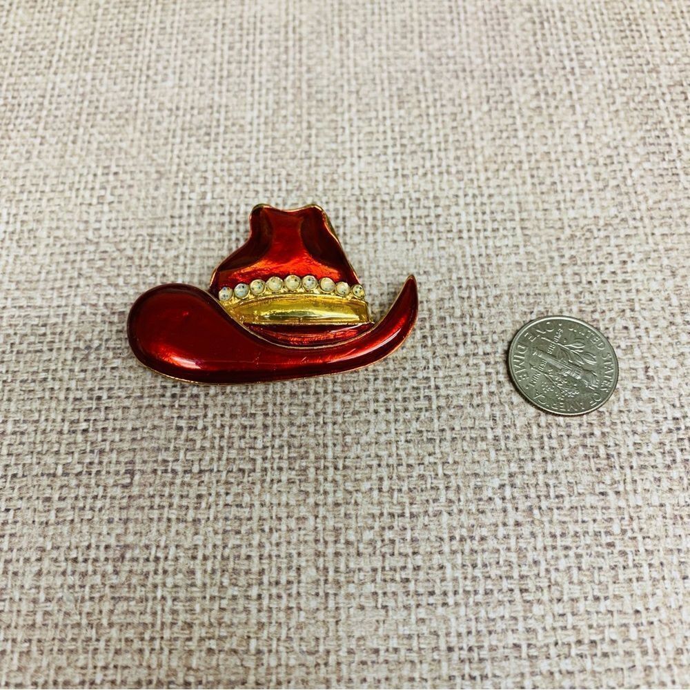Gold Red Enamel Crystal Cowboy Hat Brooch